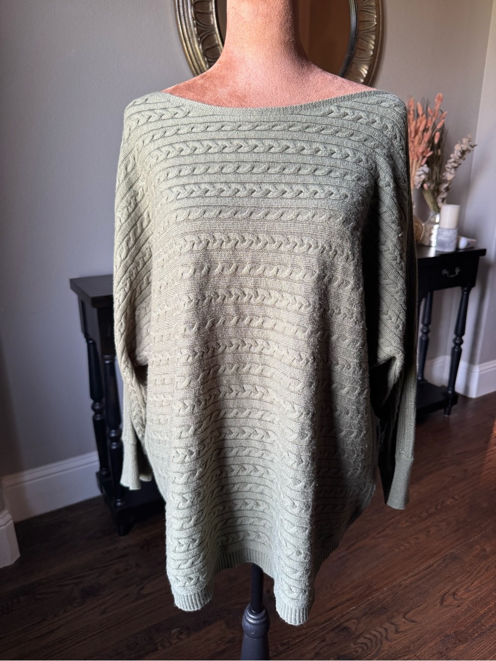 Cashmere Silk Blend Cable Knit Boat Neck Sweater Sage Green XXL